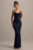 Gia Navy Satin Cowl Neck Maxi Dress