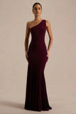 Zya Dark Plum Asymmetric Neck Fishtail Maxi Dress