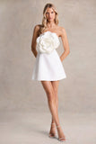 Daffodil White Bandeau Mini Dress With Large Floral Corsage