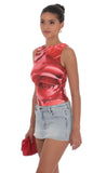 Mesh Rose High Neck Top in Red