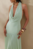 Verity Green Cowl Neck Maxi Dress With Sheer Skirt