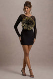 Ruchi Black Sheer Mini Dress With Corsage Detail