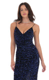Velvet Blue Sequin Back Bow Maxi Dress in Black
