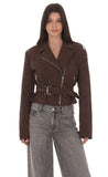 Faux Leather Cropped Moto Jacket in Brown
