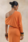 Dua Orange Asymmetric One Sleeve Draped Top