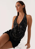 Gail Beaded Cowl Halterneck Top Black