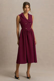 Lisa Burgundy Plunge Neck Tailored Midi Dress With Button Detailing