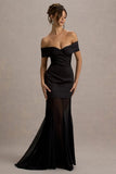Anders Black Satin Bardot Maxi Dress With Sheer Skirt