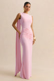 Premiere Light Pink Boat Neck Maxi Dress With Cape Sleeves And Open Back