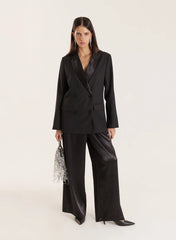 Black Pleated Waistband Wide Leg Satin Trousers