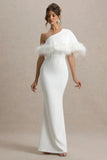 Valor White Asymmetric Maxi Dress With Feather Trim