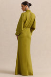 Perla Olive High Neck Maxi Dress With Gathered Detailing