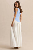 Iliana Powder Blue And White Crew Neck Maxi Dress With Drop Waist And Pleated Skirt