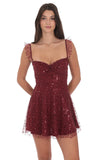 Sequin Ruffle Strap A Line Dress in Burgundy