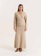 Oatmeal Knitted Tie Front Wrap Top