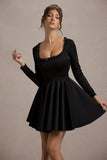Wilder Black Embellished Square Neck Long Sleeve Skater Mini Dress