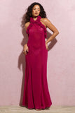Naelya Dark Pink Chiffon Halter Neck Maxi Dress With Corsages