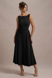 Muriel Black Boat Neck Volume Hem Midi Dress