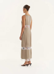 Khaki Satin Lace Cut Out Maxi Dress