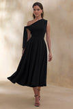 Daring Black Asymmetric Neck Midi Dress With Knot Detail