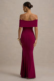 Delma Burgundy Bardot Maxi Dress With Drape Detail