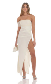 Off Shoulder Tulle Sleeve Maxi Dress in Ivory