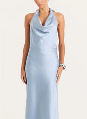 Light Blue Satin Cowl Neck Maxi Dress