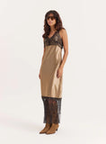 Khaki Satin Lace Trim Maxi Dress