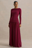 Aniyah Burgundy Slashed Neck Maxi Dress With Ruched Detailing