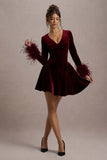 Pasilla Port Velvet Plunge Neck Feather Trim Mini Dress