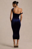 Carella Navy Velvet Twisted Asymmetric Midi Dress