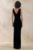 Jovita Black Velvet Cowl Neck Maxi Dress With Gathered Detailing