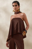 Evandra Brown Satin Bandeau Top With Scarf