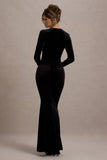 Morana Black Velvet Square Neck Long Sleeve Maxi Dress