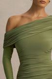 Gina Olive Asymmetric Neck Ruched Mini Dress