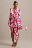 Goldie Pink Floral Print Chiffon Long Sleeve Wrap Mini Dress
