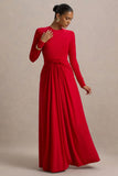 Estrella Red High Neck Maxi Dress With Ruched Detailing