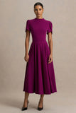 Vicky Mulberry High Neck Midi Dress With Puff Sleeves