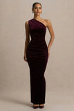Treat Burgundy Velvet Asymmetric Neck Maxi Dress With Ruched Detailing