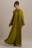 Reyna Olive Pleated Chiffon Cold Shoulder Maxi Dress
