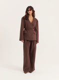 Chocolate Herringbone Tie Waist Wrap Jacket