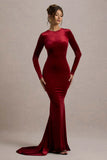 Keaton Berry Velvet Long Sleeve Open Back Maxi Dress