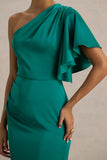 Unforgettable Bottle Green Asymmetric Neck Maxi Dress With Ruffled Detailing