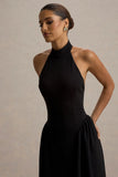 Cynthia Black High Neck Maxi Dress With Volume Skirt