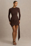 Calista Brown Crew Neck Mini Dress With Sash