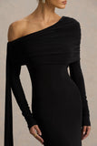 Octavia Black Bardot Neck Maxi Dress With Cape And Ruched Detailing