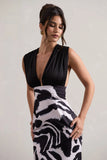 Azzara Zebra Print Satin Ruched V Neck Maxi Dress