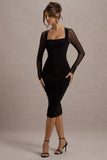 Off Track Black Bodycon Midi Dress With Sheer Sleeves
