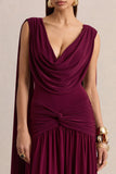 Amelisse Burgundy Plunge Neck Maxi Dress With Ruched Detailing