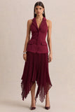 Marvelle Burgundy Plunge Neck Maxi Dress With Hanky Hem